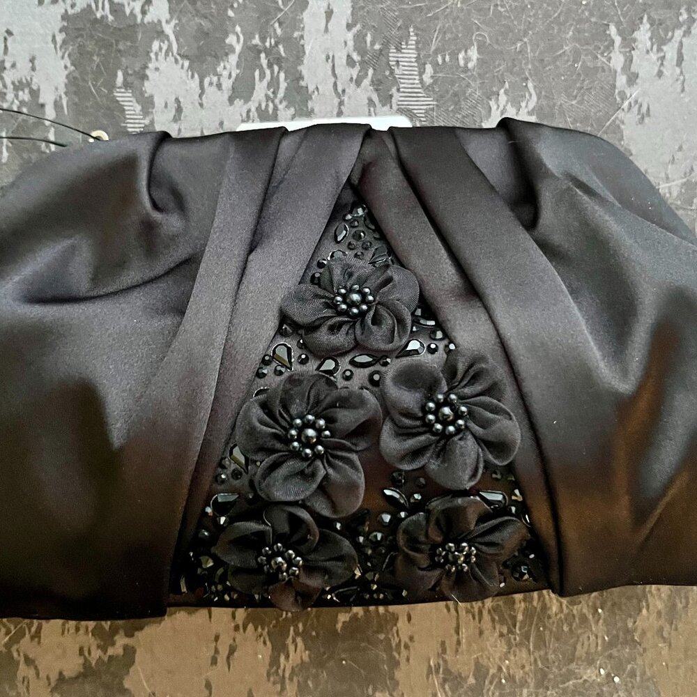 Badgley Mischka Black Satin & Beaded Evening Clutch